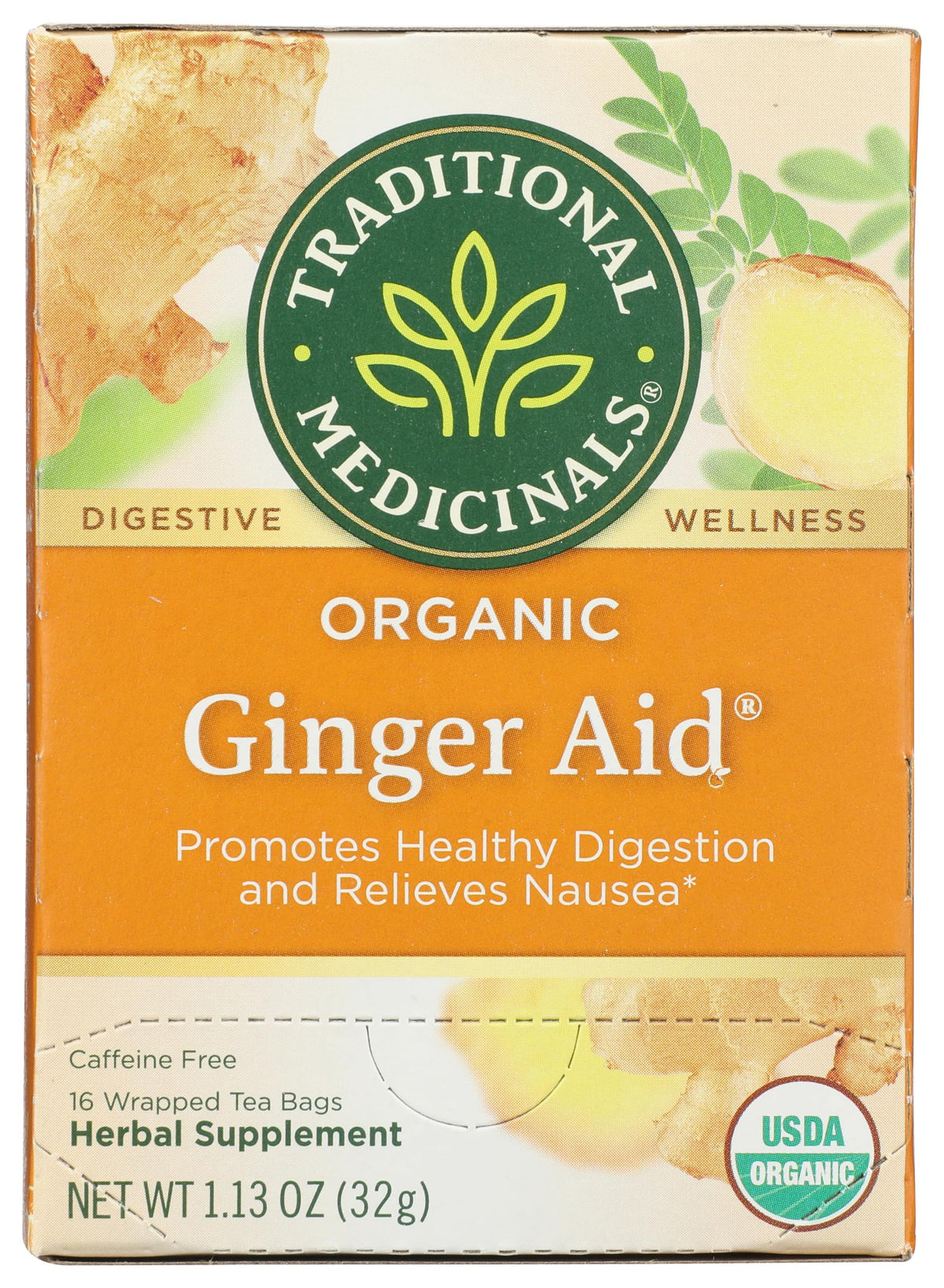 Traditional Medicinals Ginger Aid tea bag ready for infusion, cozy comfort
