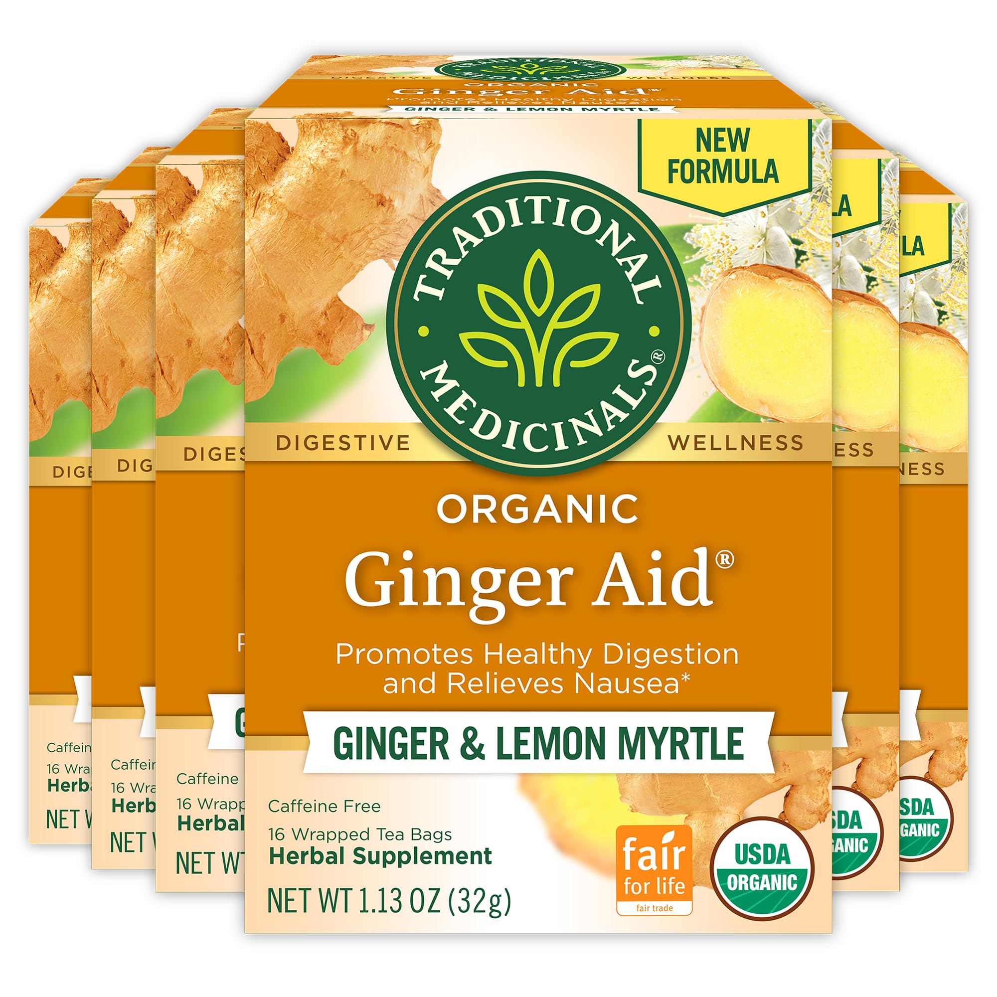 Traditional Medicinals Ginger Aid tea box front highlighting organic digestion support.