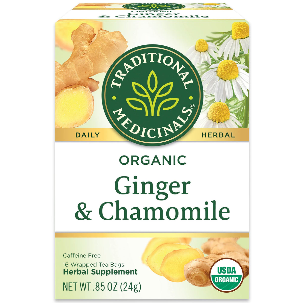 Traditional Medicinals ginger chamomile tea bags promote gentle digestion after meals.