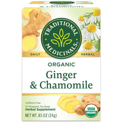 Traditional Medicinals ginger chamomile tea bags promote gentle digestion after meals.