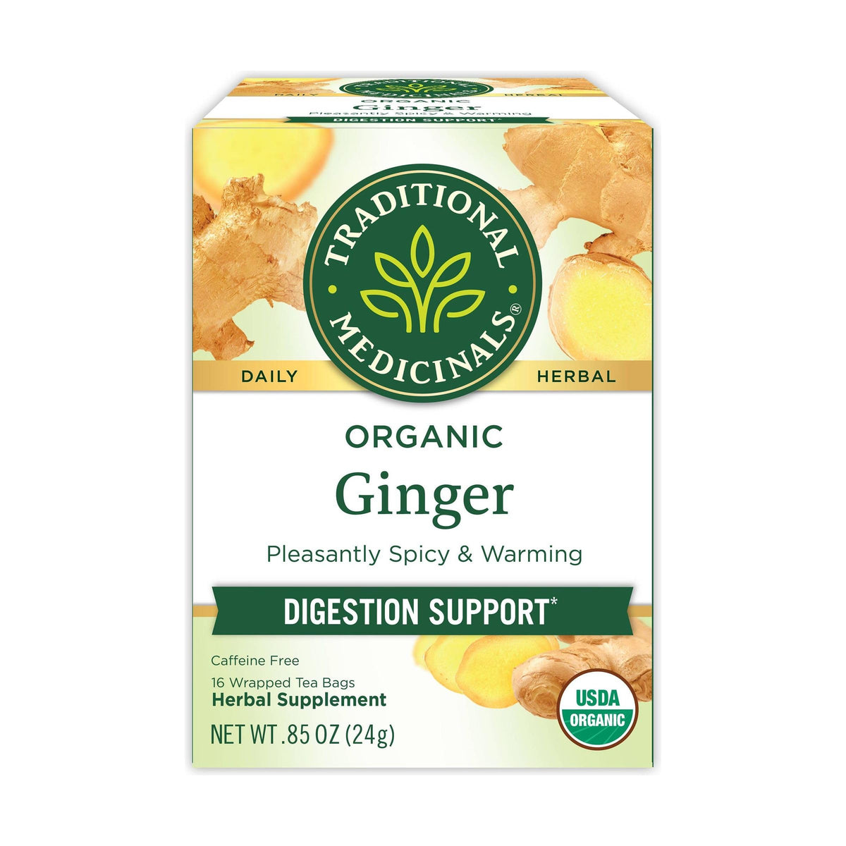 Traditional Medicinals Ginger Tea box with organic blend for digestion support.