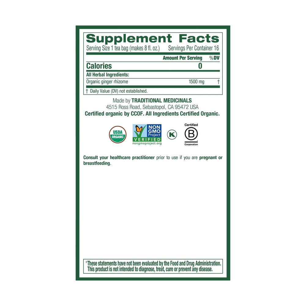 Traditional Medicinals packaging highlights organic, non-GMO, caffeine-free quality.