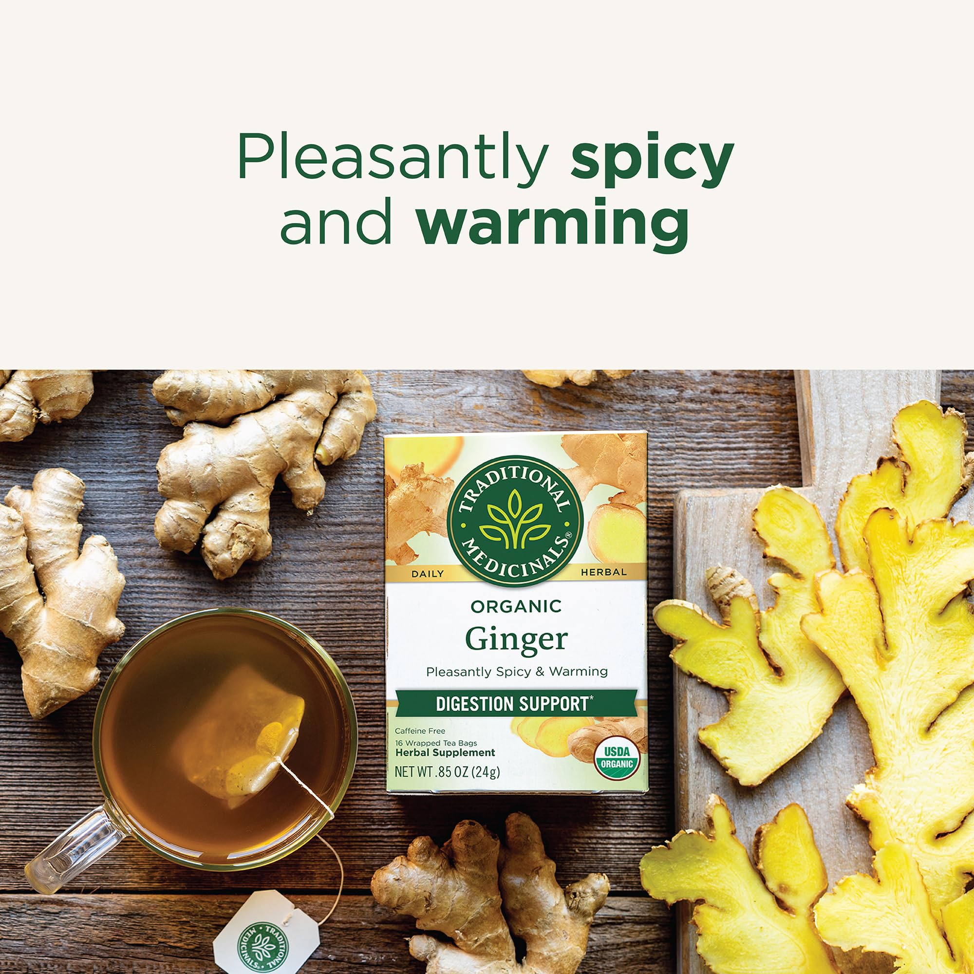 Traditional Medicinals Ginger Tea with fresh ginger roots illustration.