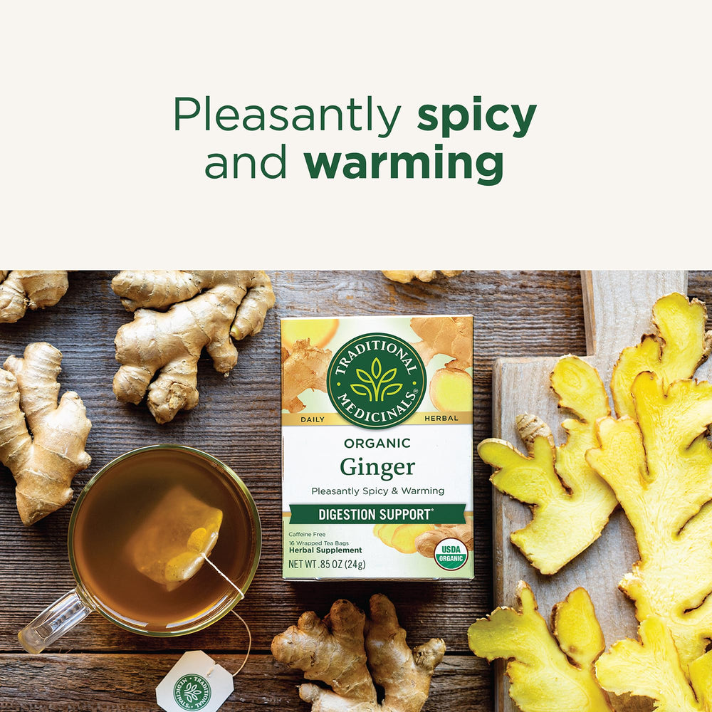 Traditional Medicinals Ginger Tea with fresh ginger roots illustration.