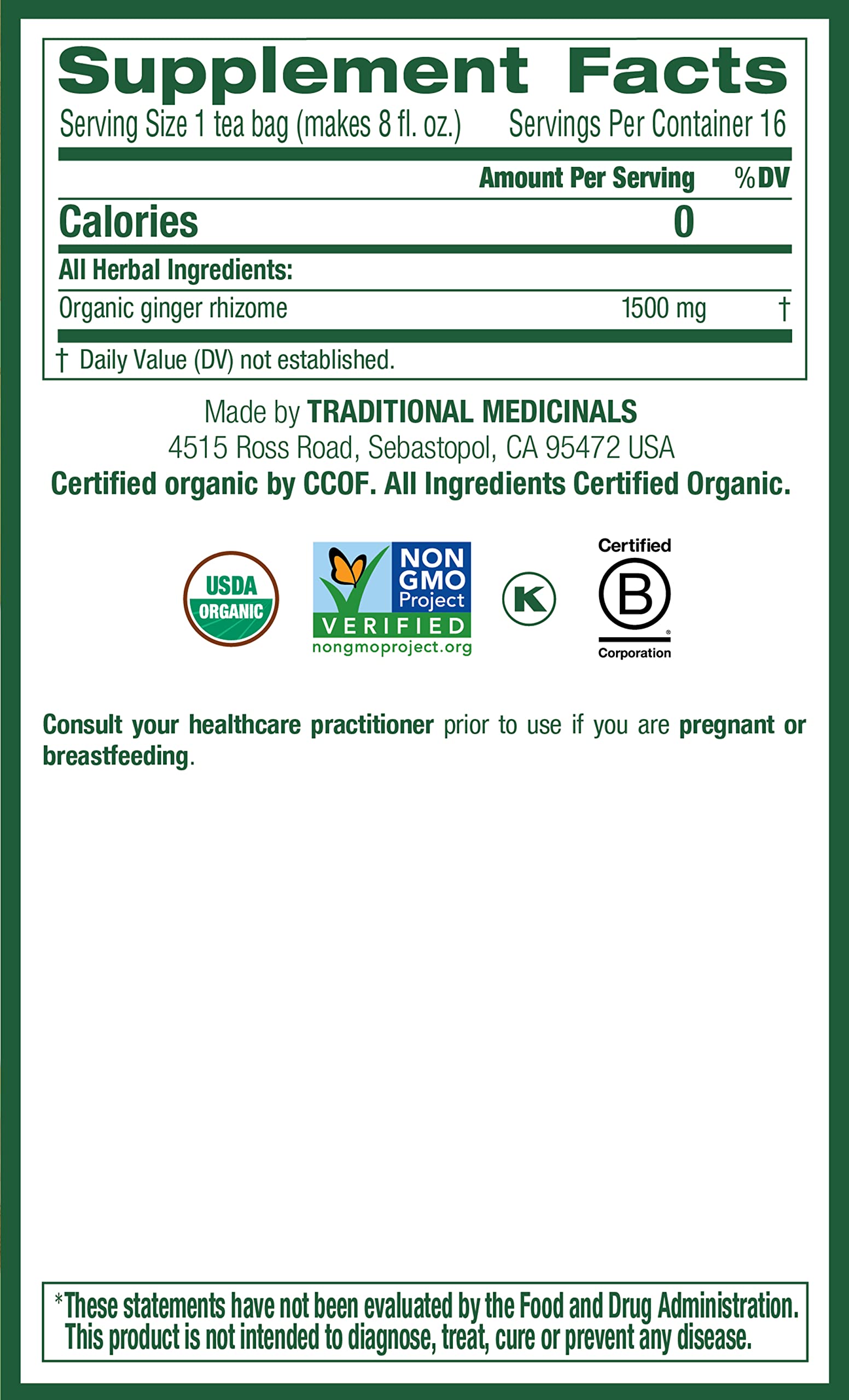 Traditional Medicinals Ginger Tea label closeup showing organic and kosher symbols.