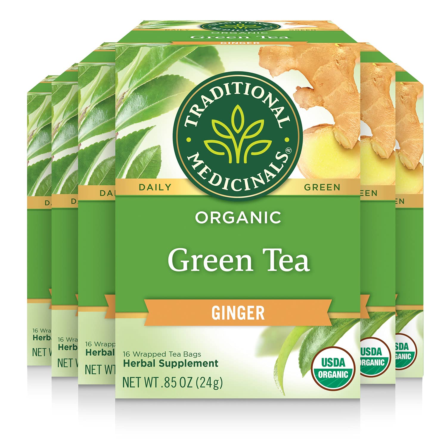 Traditional Medicinals Green Tea Ginger packaging front for a soothing daily ritual