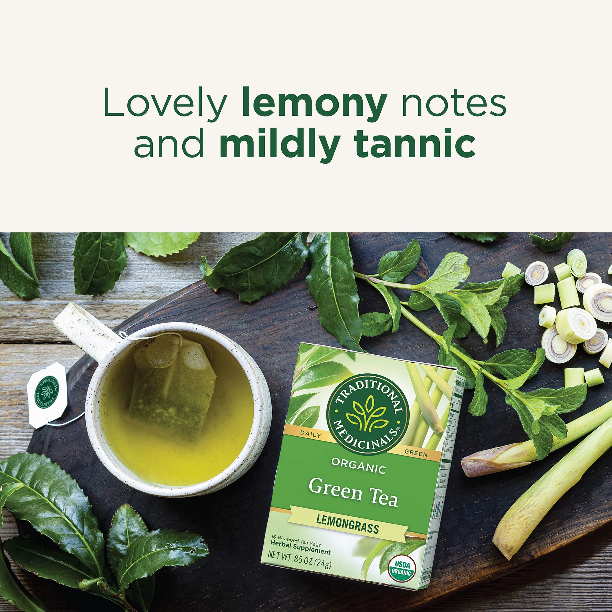 Traditional Medicinals green tea leaf close-up showing premium quality leaves.