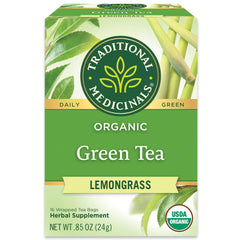 Traditional Medicinals green tea lemongrass tea bags for a refreshing routine.
