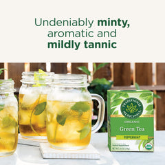 Traditional Medicinals green tea peppermint tea box front, organic and Fair Trade certified.