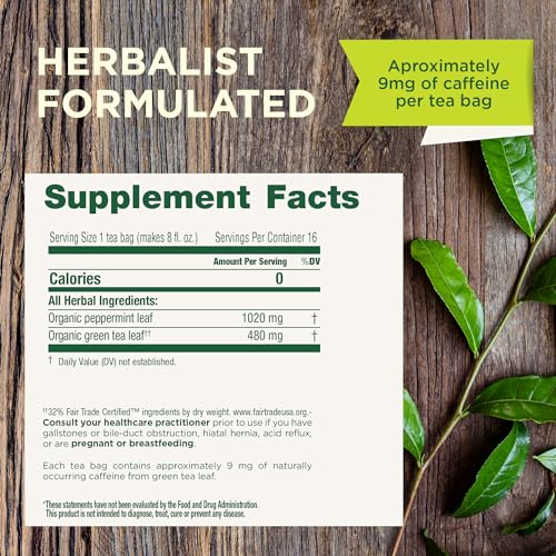 Traditional Medicinals green tea peppermint cup steep, showcasing minty flavor and light caffeine lift.