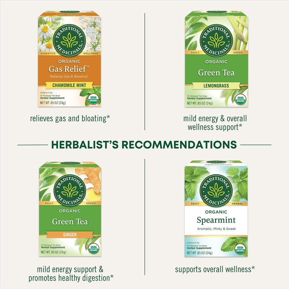 Traditional Medicinals green tea peppermint tea packet closeup with sealed freshness.