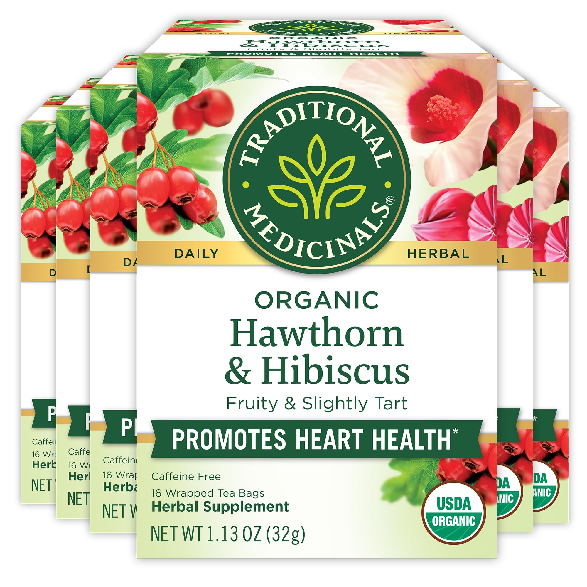 Traditional Medicinals Hawthorn & Hibiscus tea box on a shelf signaling heart-healthy herbal blend.