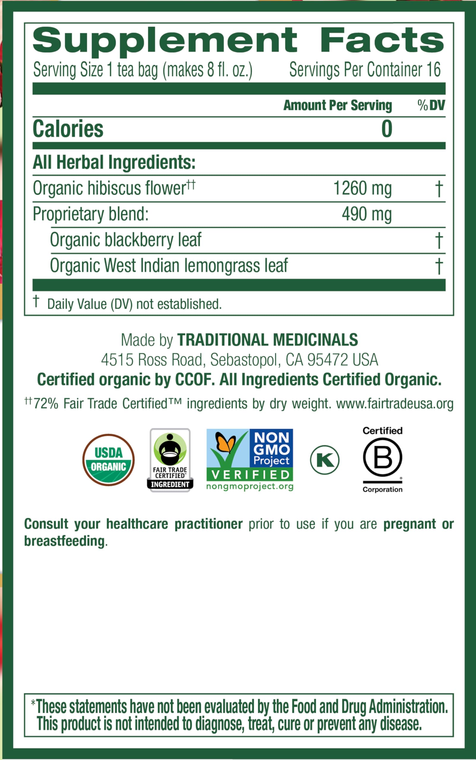 Traditional Medicinals hibiscus calyces close-up showing vibrant red centers used in the blend.