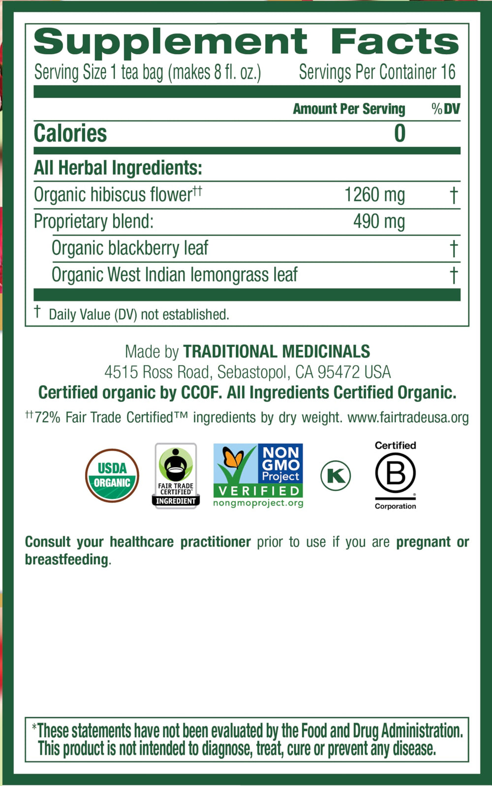 Traditional Medicinals hibiscus calyces close-up showing vibrant red centers used in the blend.