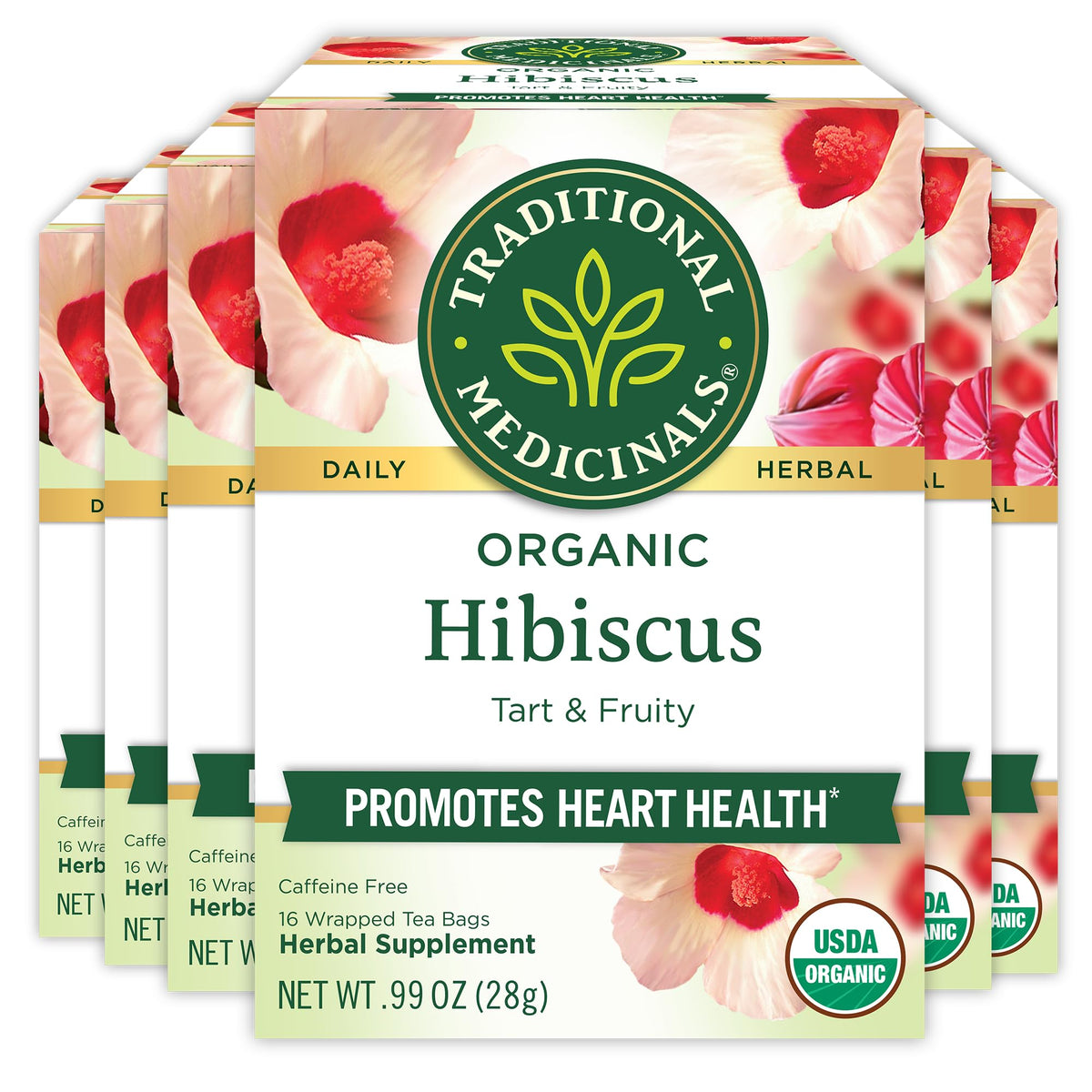 Traditional Medicinals Organic Hibiscus Tea bags in a six-pack, ready to brew for hot or iced tea.