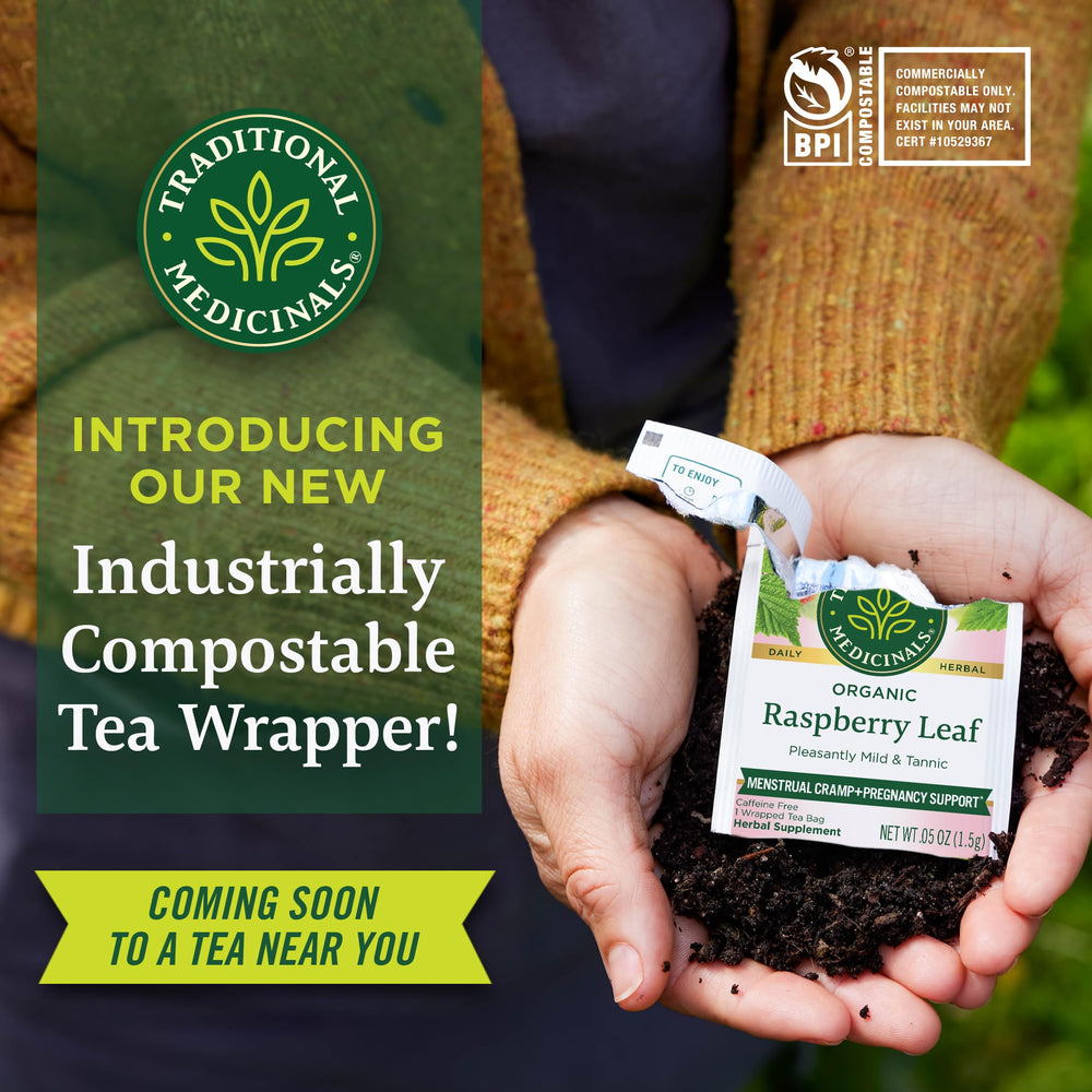Traditional Medicinals hibiscus tea steeped in a mug releasing tart, tangy aromas.