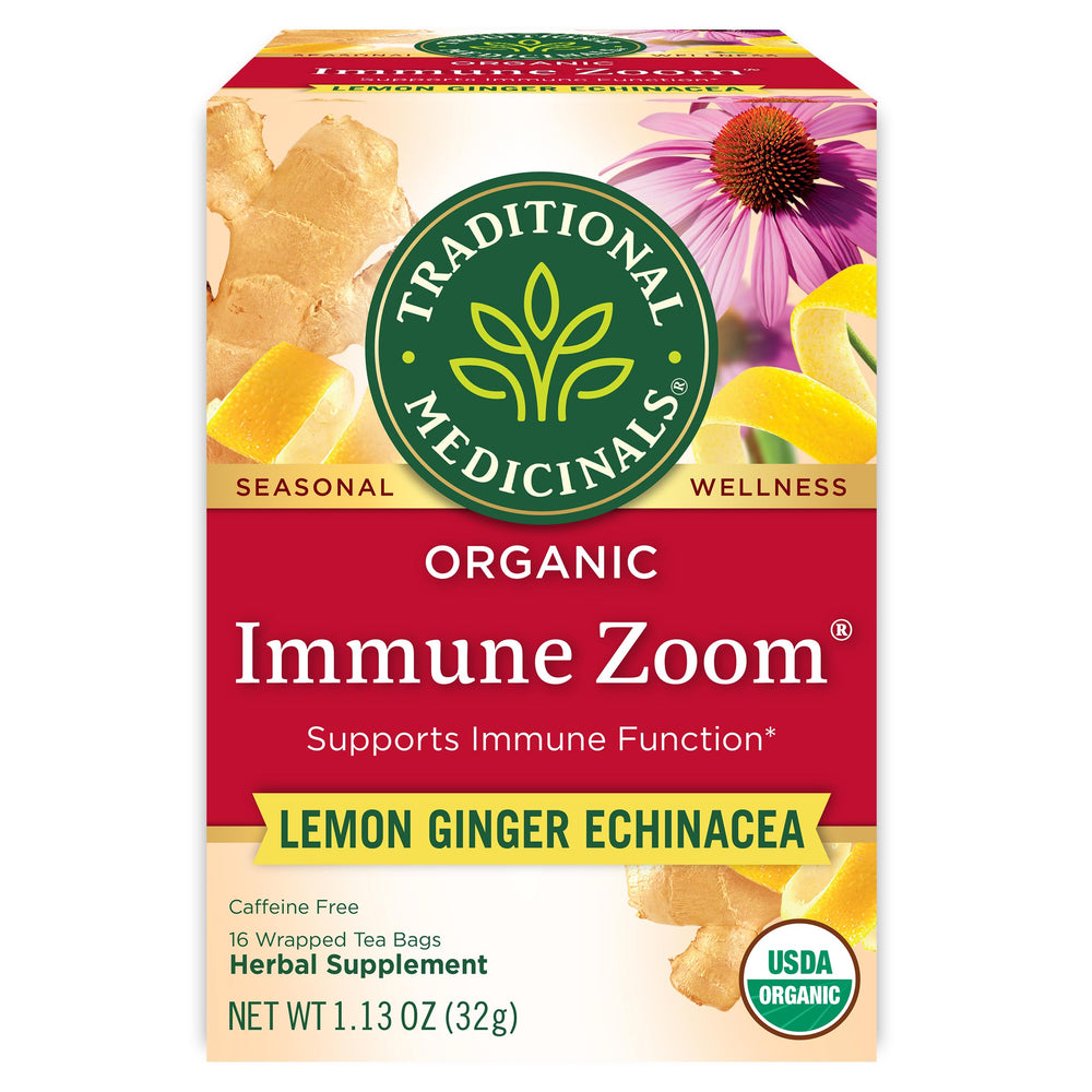 Traditional Medicinals Immune Zoom Lemon Ginger Tea box ready for a comforting, caffeine-free ritual.