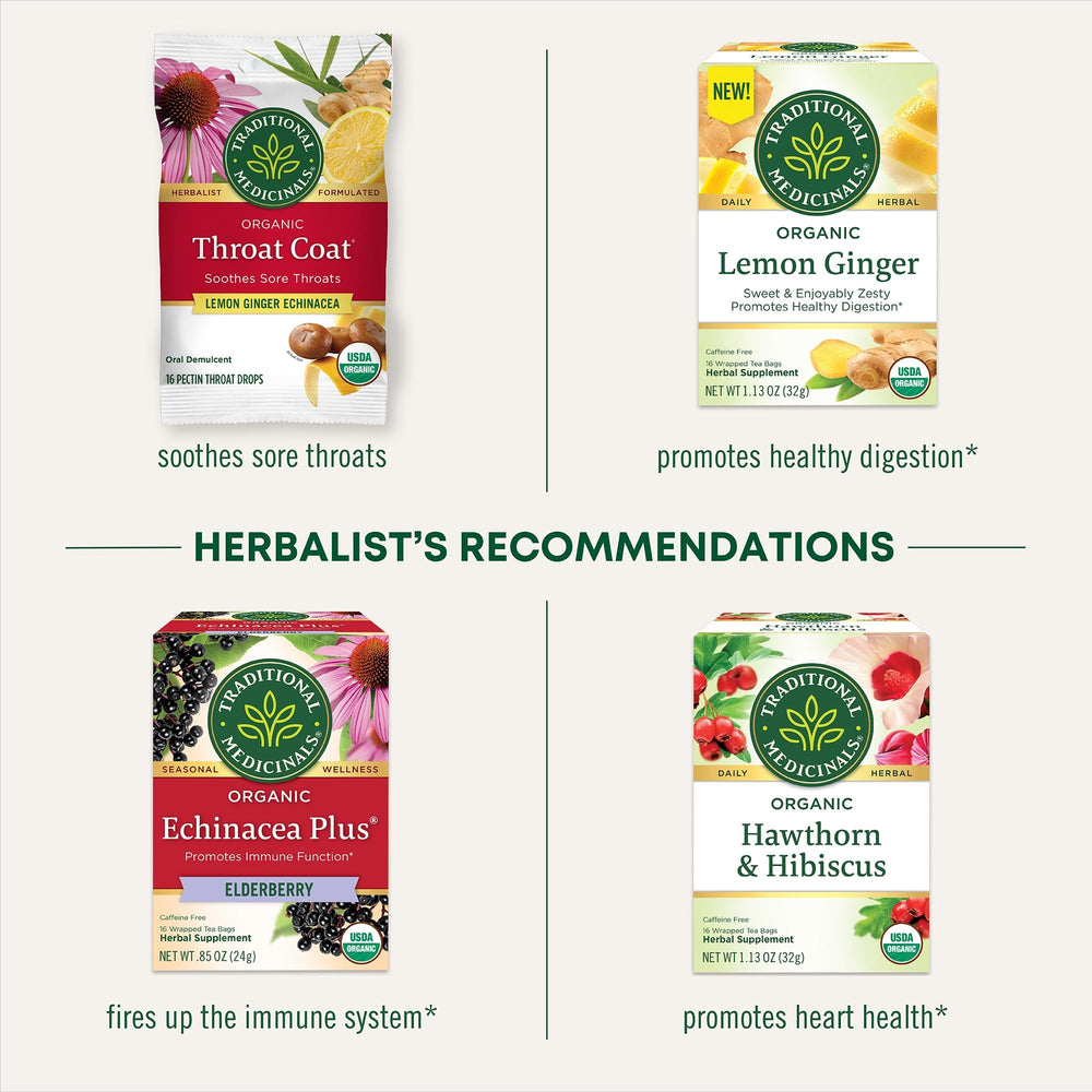 Traditional Medicinals box showcases USDA Organic, Non-GMO, Kosher, and B Corp certifications.