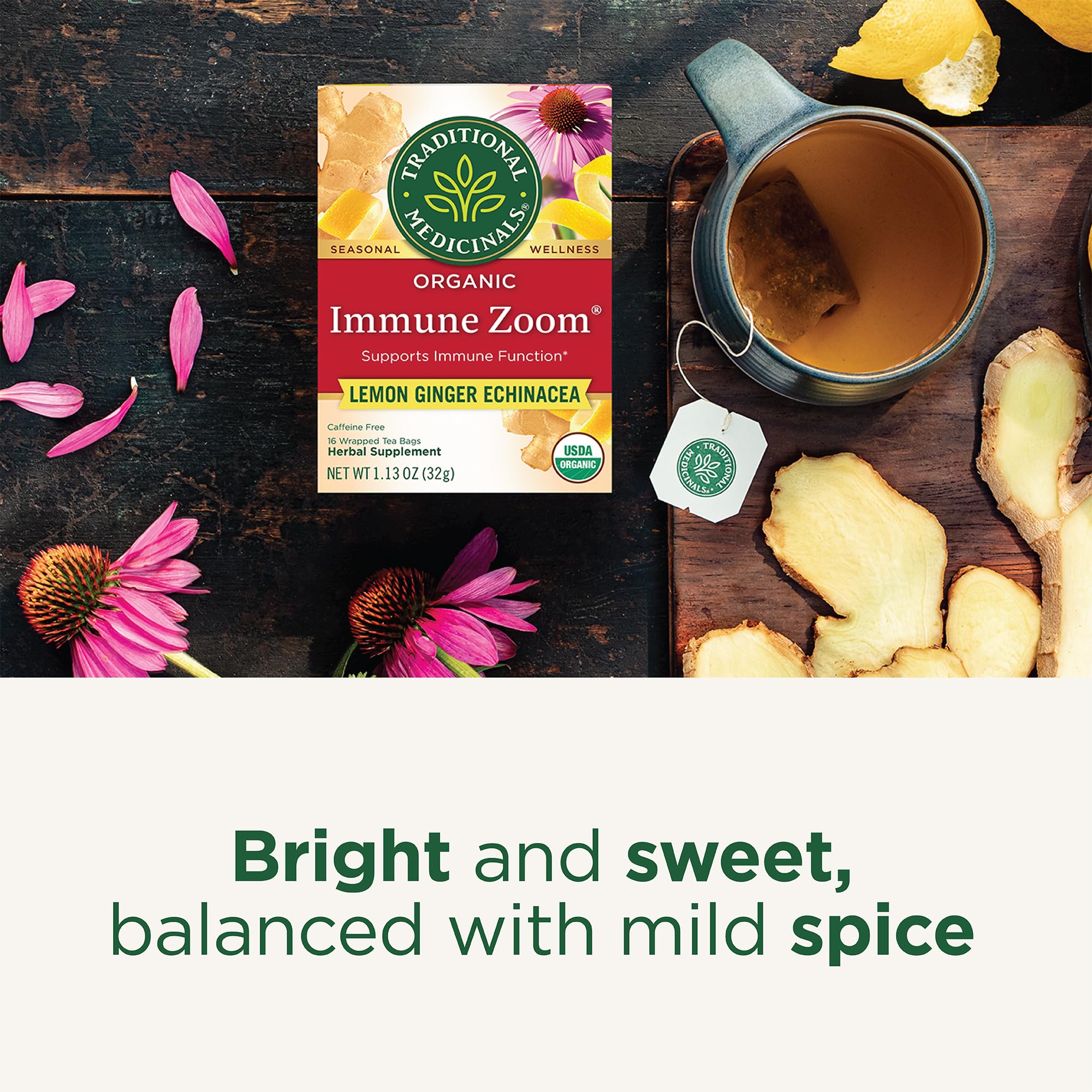 Traditional Medicinals Immune Zoom ingredients close-up highlighting echinacea and lemon zest.