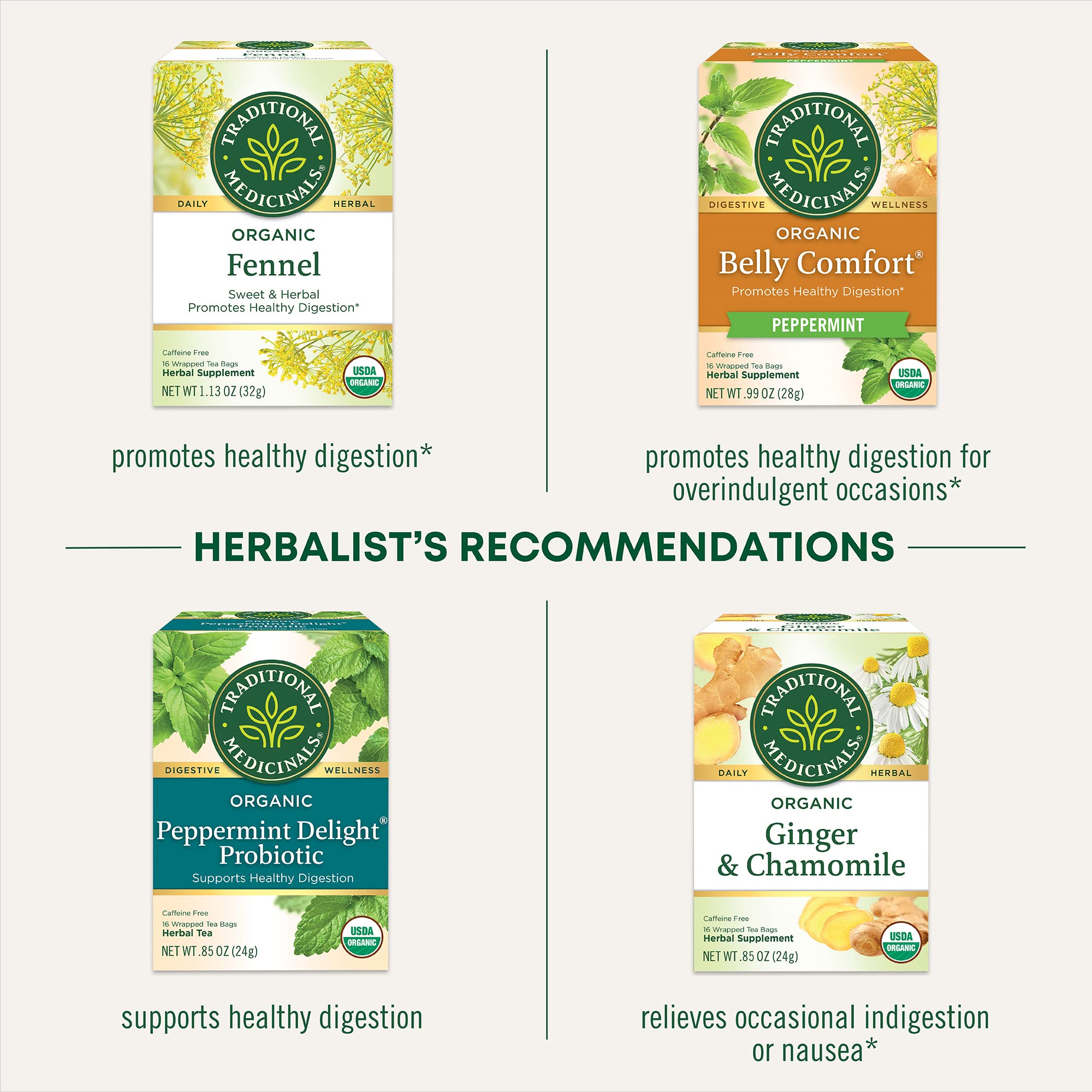 Traditional Medicinals label close-up showing organic and kosher features.