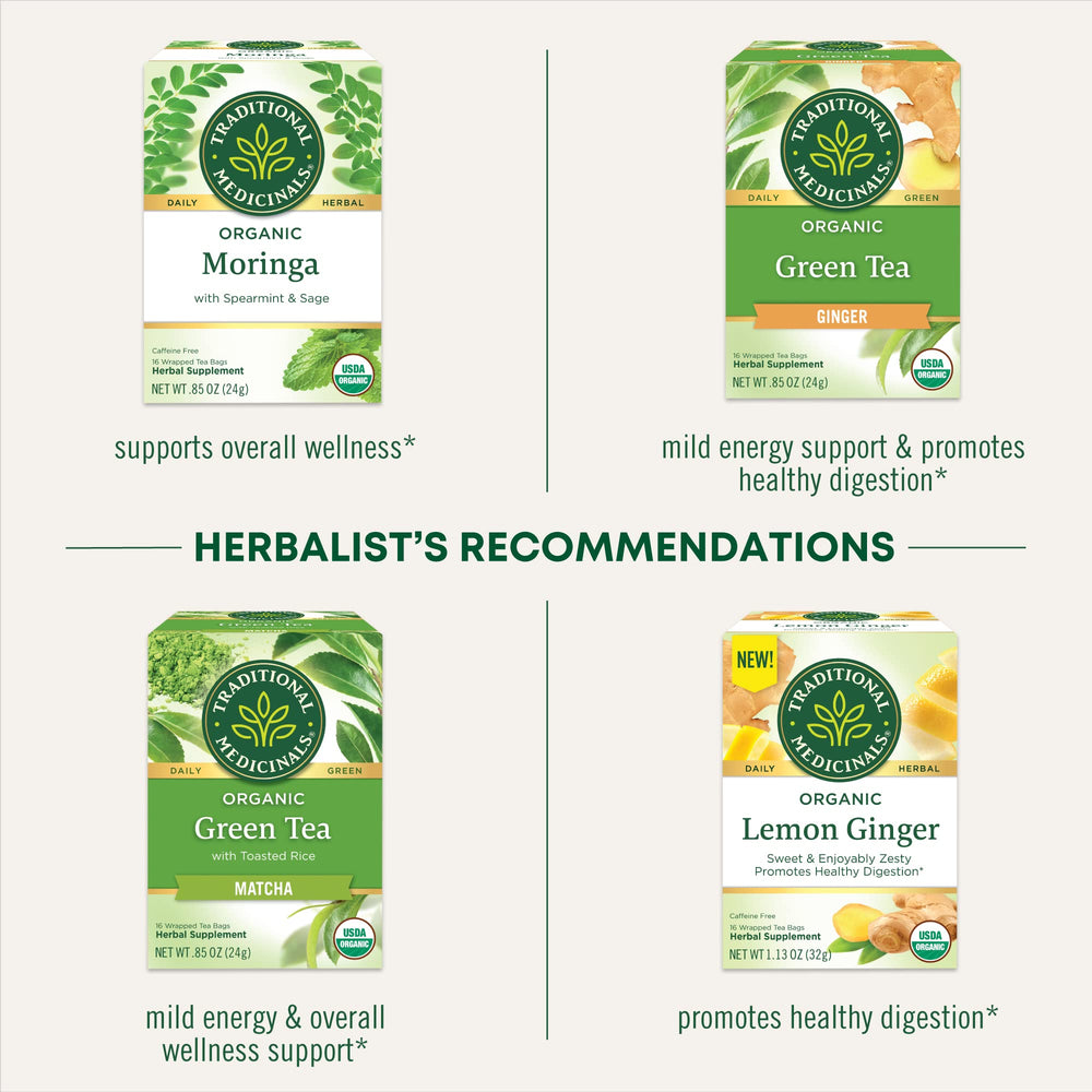 Traditional Medicinals product label shows organic, kosher, and non-GMO certifications.