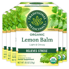Traditional Medicinals lemon balm tea bag box shows calming ritual and digestion support