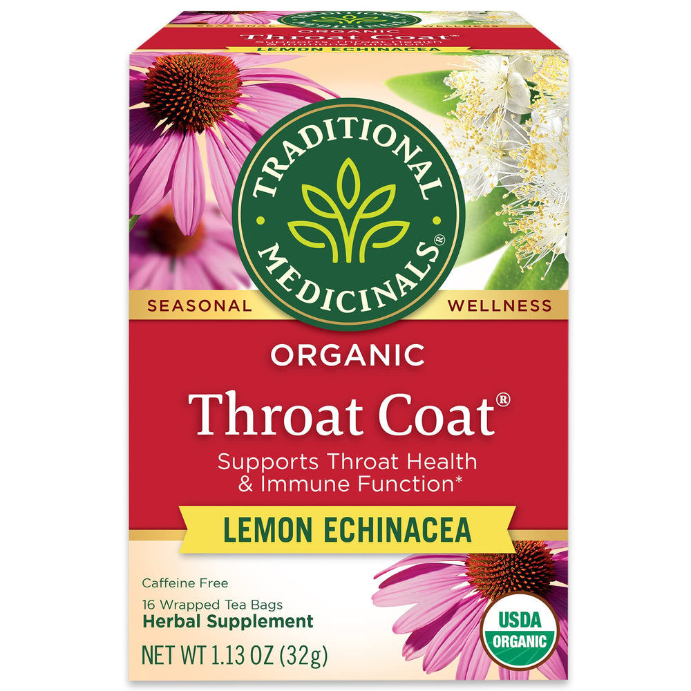 Traditional Medicinals Lemon Echinacea Throat Coat tea packet with a comforting throat moment