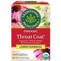 Traditional Medicinals Lemon Echinacea Throat Coat tea packet with a comforting throat moment