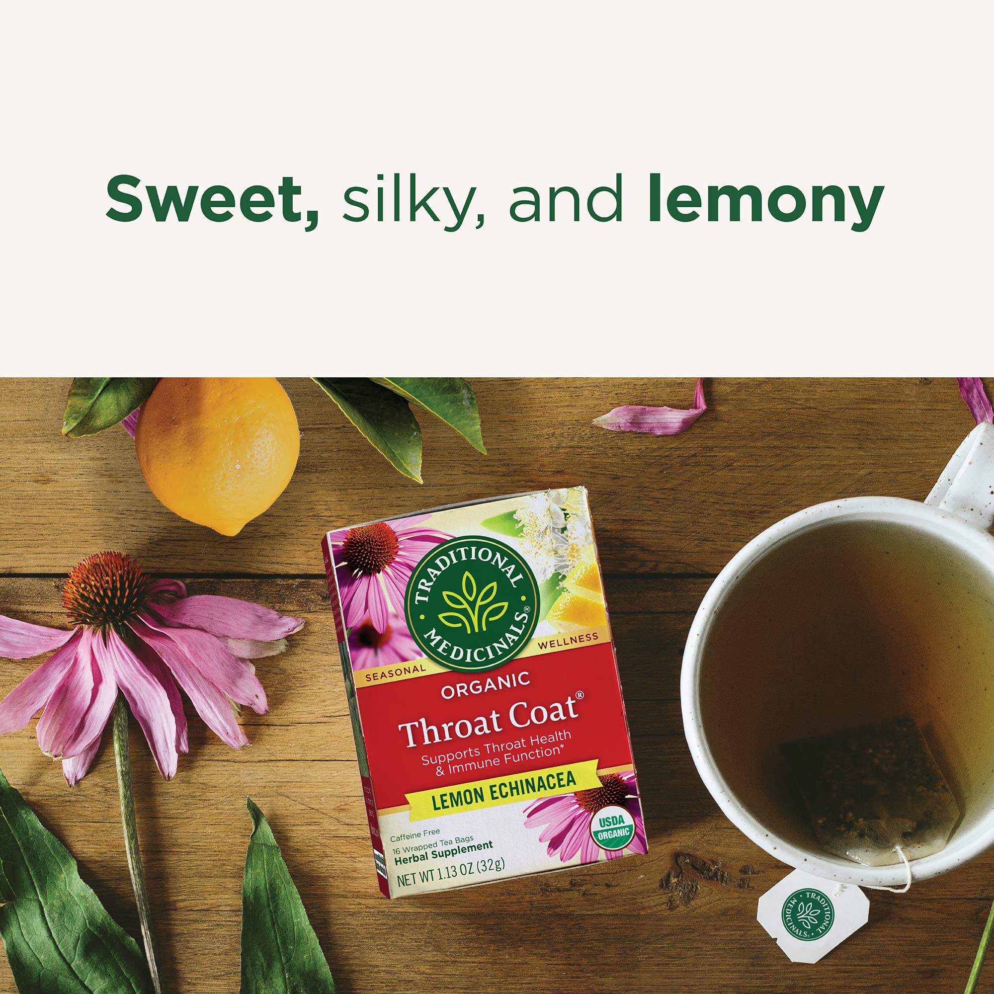 Label on Traditional Medicinals Lemon Echinacea Throat Coat tea highlighting vegan and non-GMO attributes