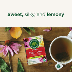 Label on Traditional Medicinals Lemon Echinacea Throat Coat tea highlighting vegan and non-GMO attributes