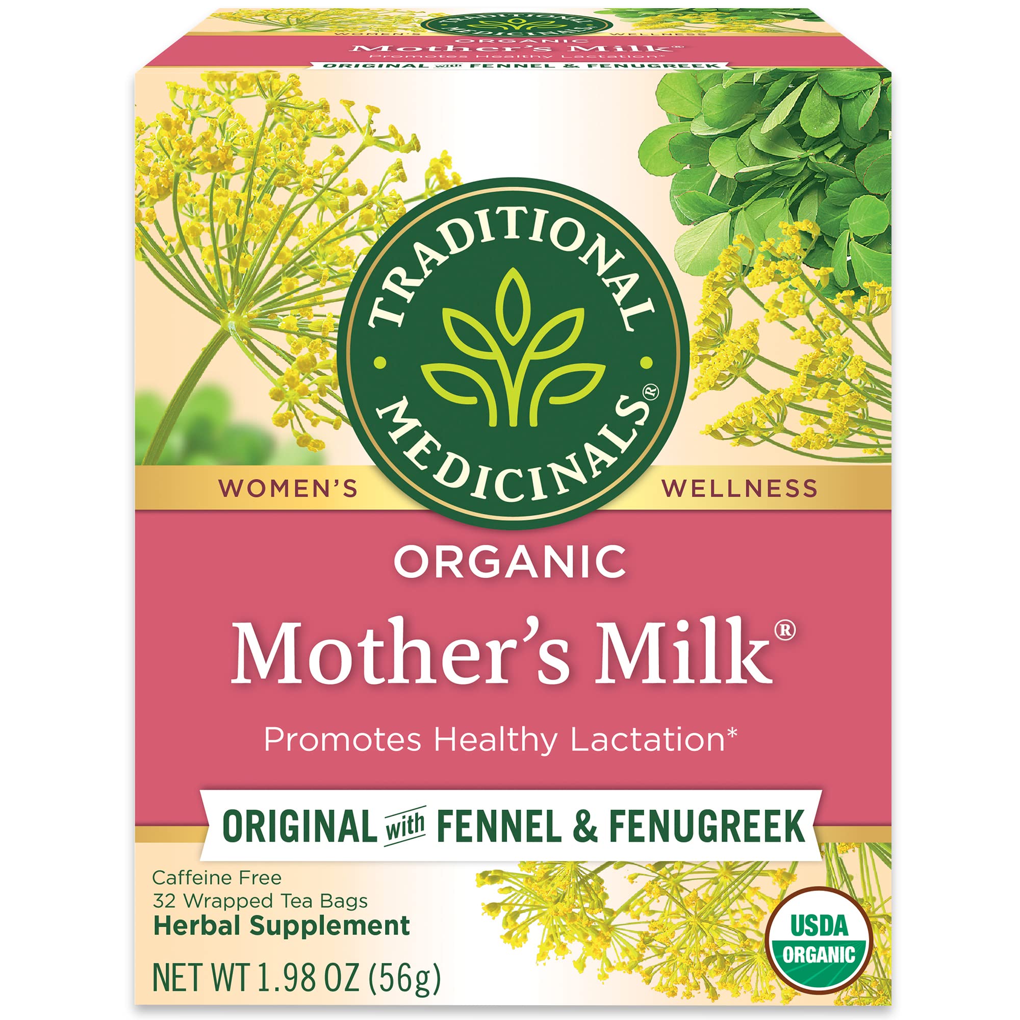 Traditional Medicinals Mother's Milk tea box front, highlighting the organic blend for nursing mothers.