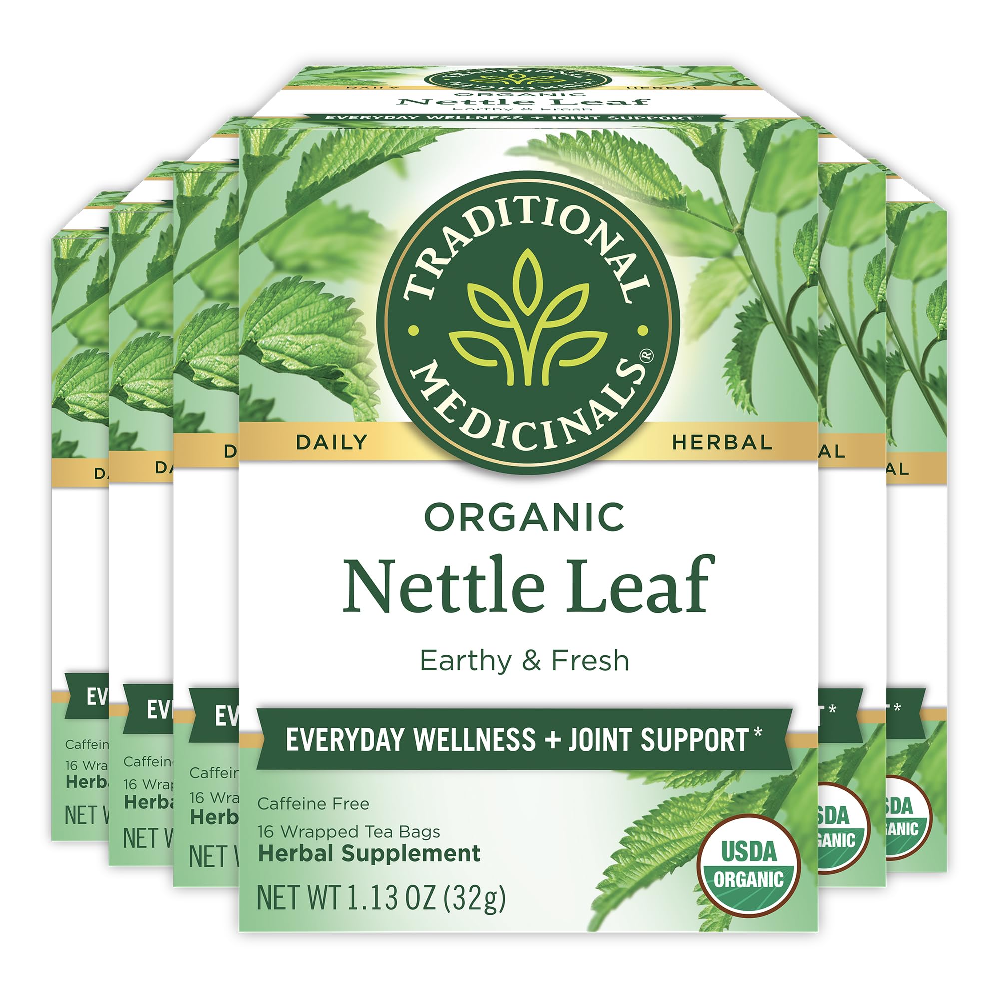 Traditional Medicinals nettle tea box shows organic packaging for wellness.