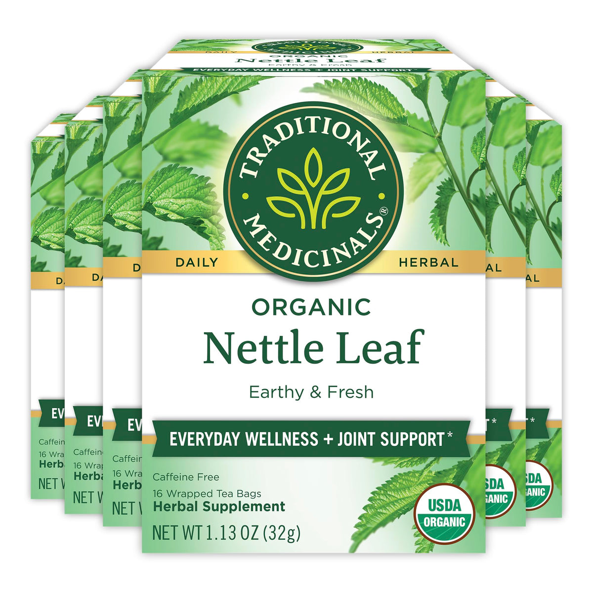 Traditional Medicinals nettle tea box shows organic packaging for wellness.