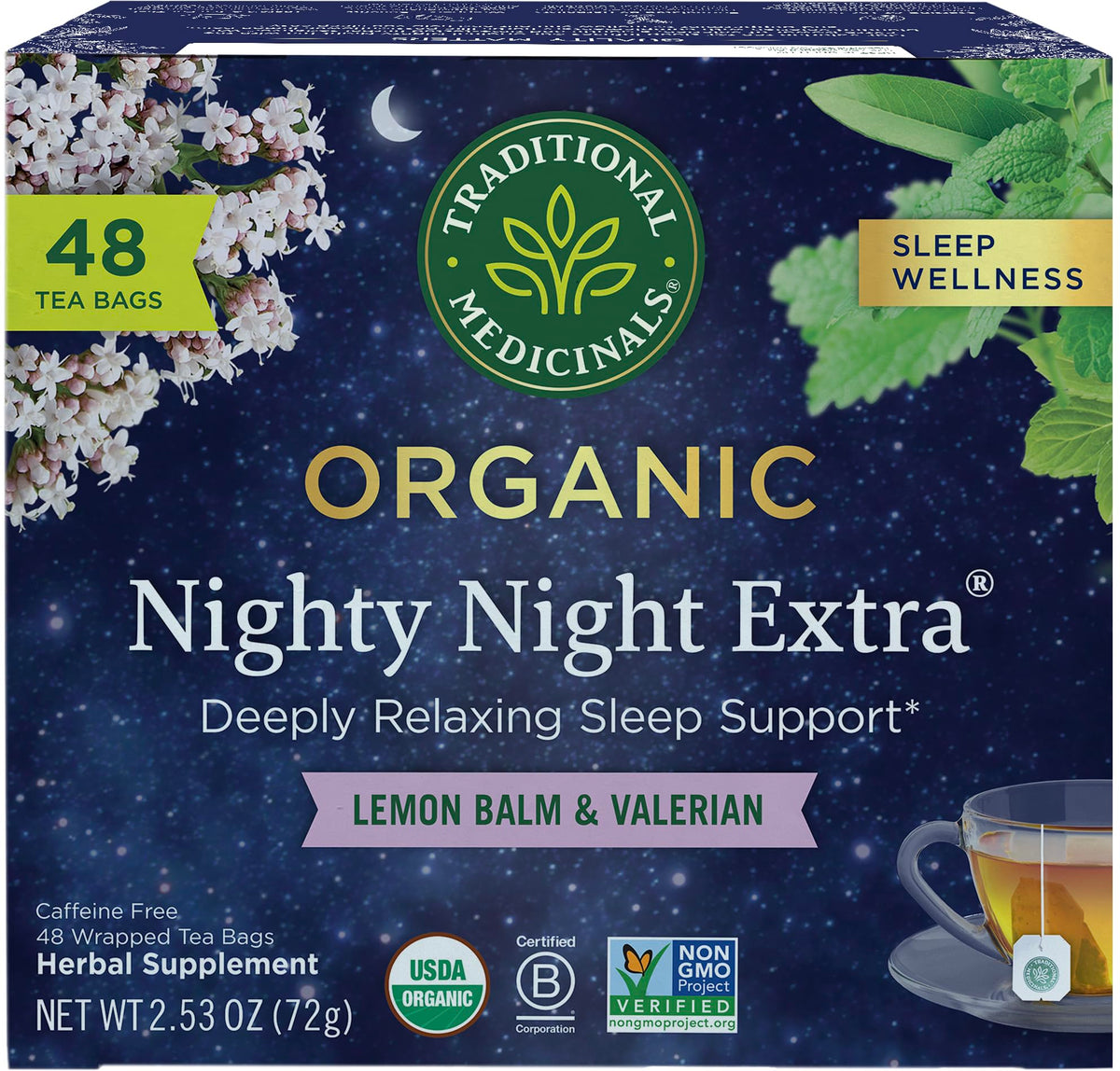 Traditional Medicinals Nighty Night Extra tea bags arranged in carton, ready for a calm evening ritual.