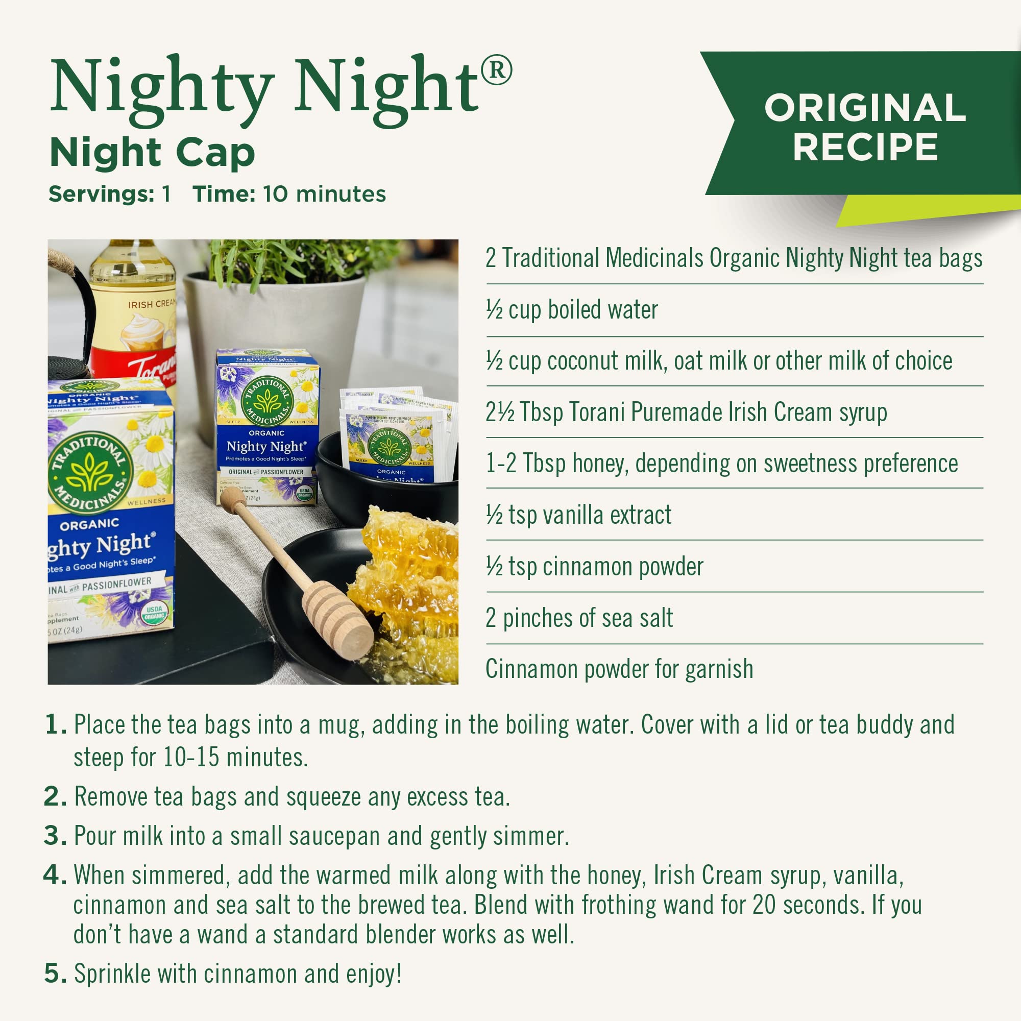 Traditional Medicinals Nighty Night Extra label emphasizes kosher and compostable packaging.