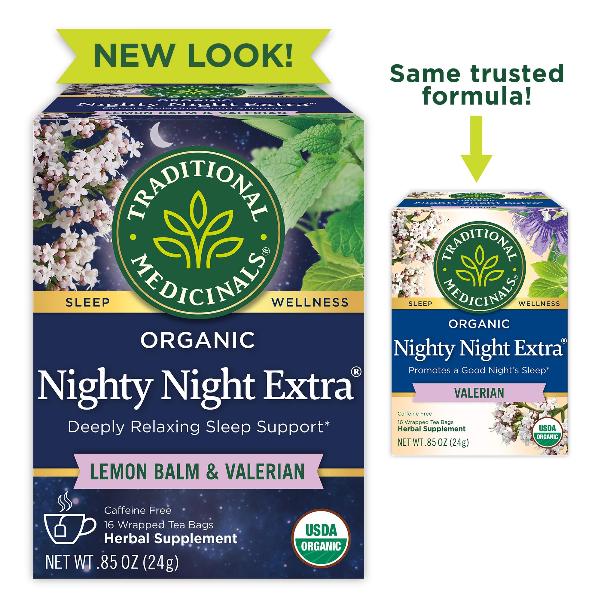 Traditional Medicinals Nighty Night Extra tea on a cozy shelf.
