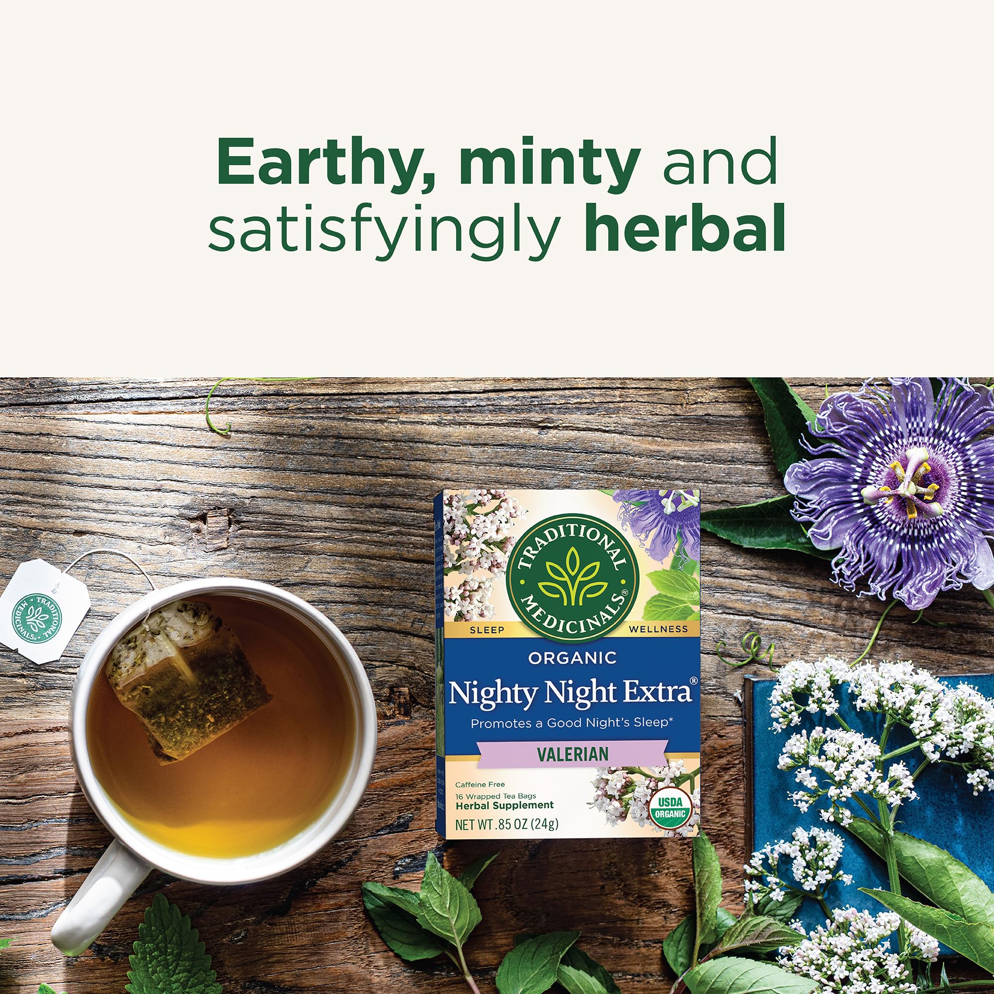 Traditional Medicinals Nighty Night Extra tea with valerian root closeup.