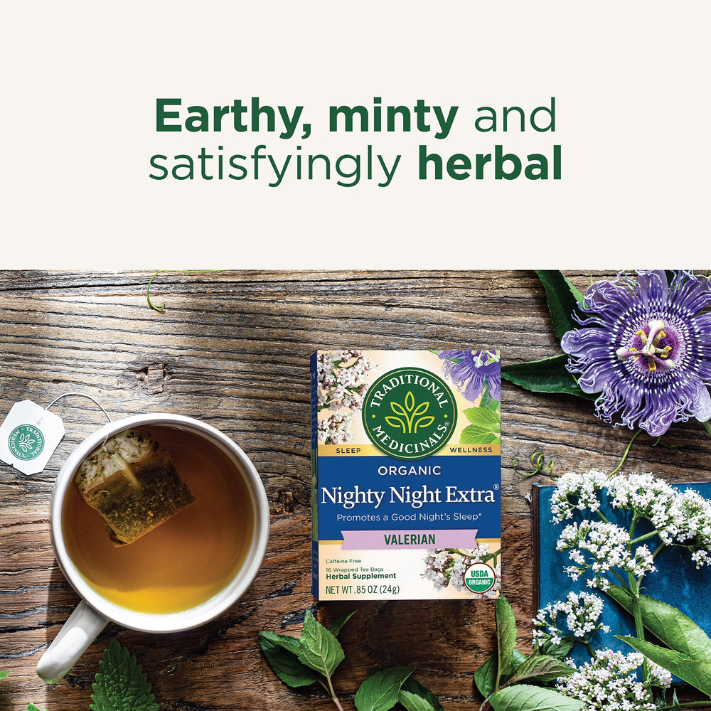 Traditional Medicinals Nighty Night Extra tea with valerian root closeup.