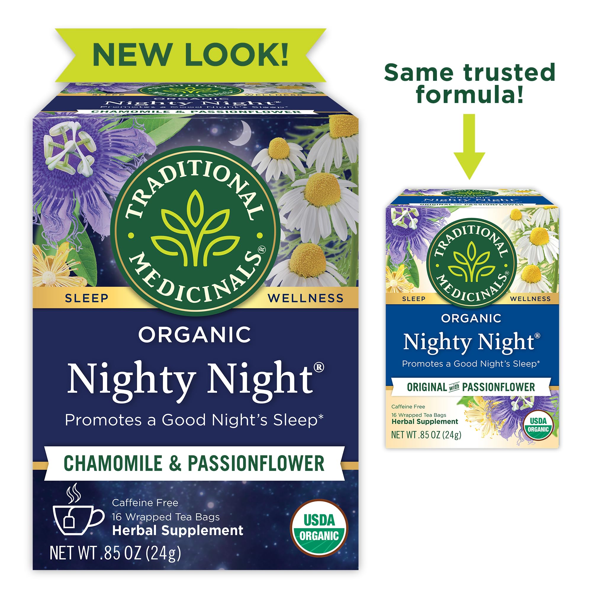 Traditional Medicinals Nighty Night Tea on bedside table for bedtime wind-down.