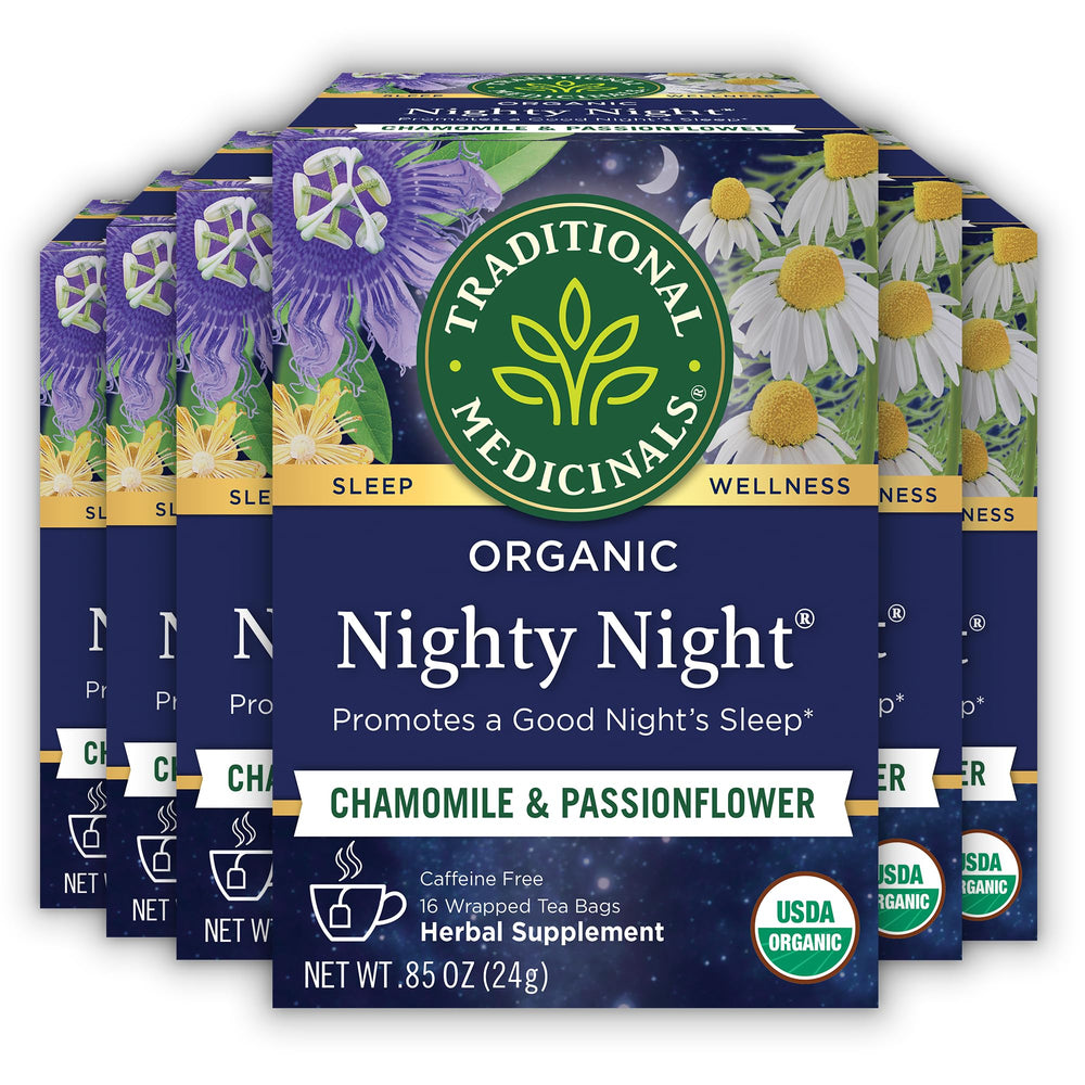 Traditional Medicinals Nighty Night tea cup steaming for a calming evening ritual.