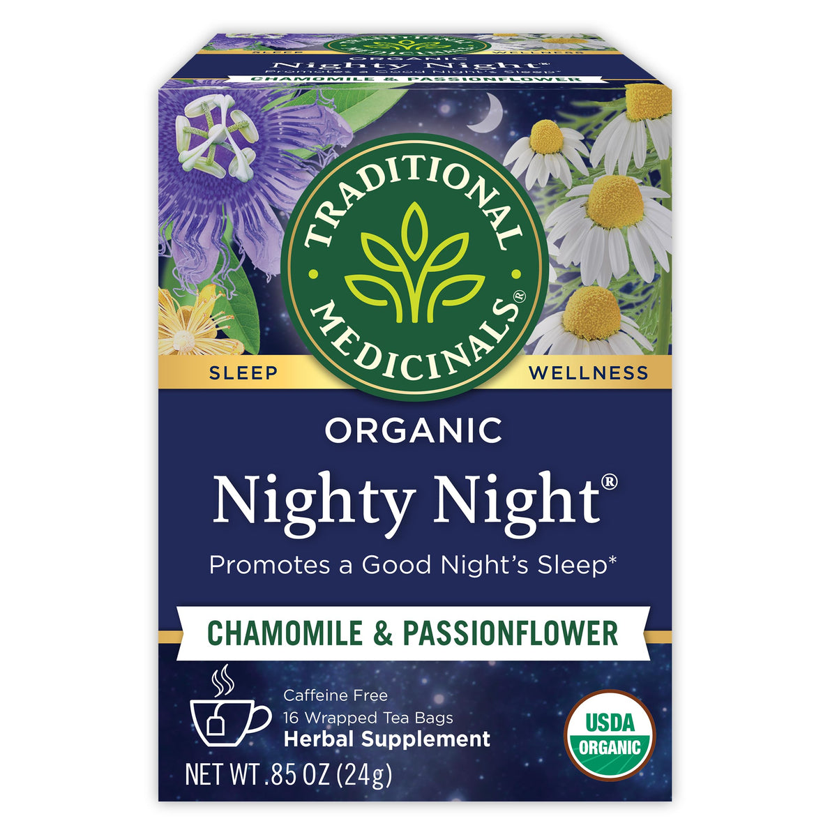 Traditional Medicinals Nighty Night Tea cup steeping for a calming bedtime ritual.