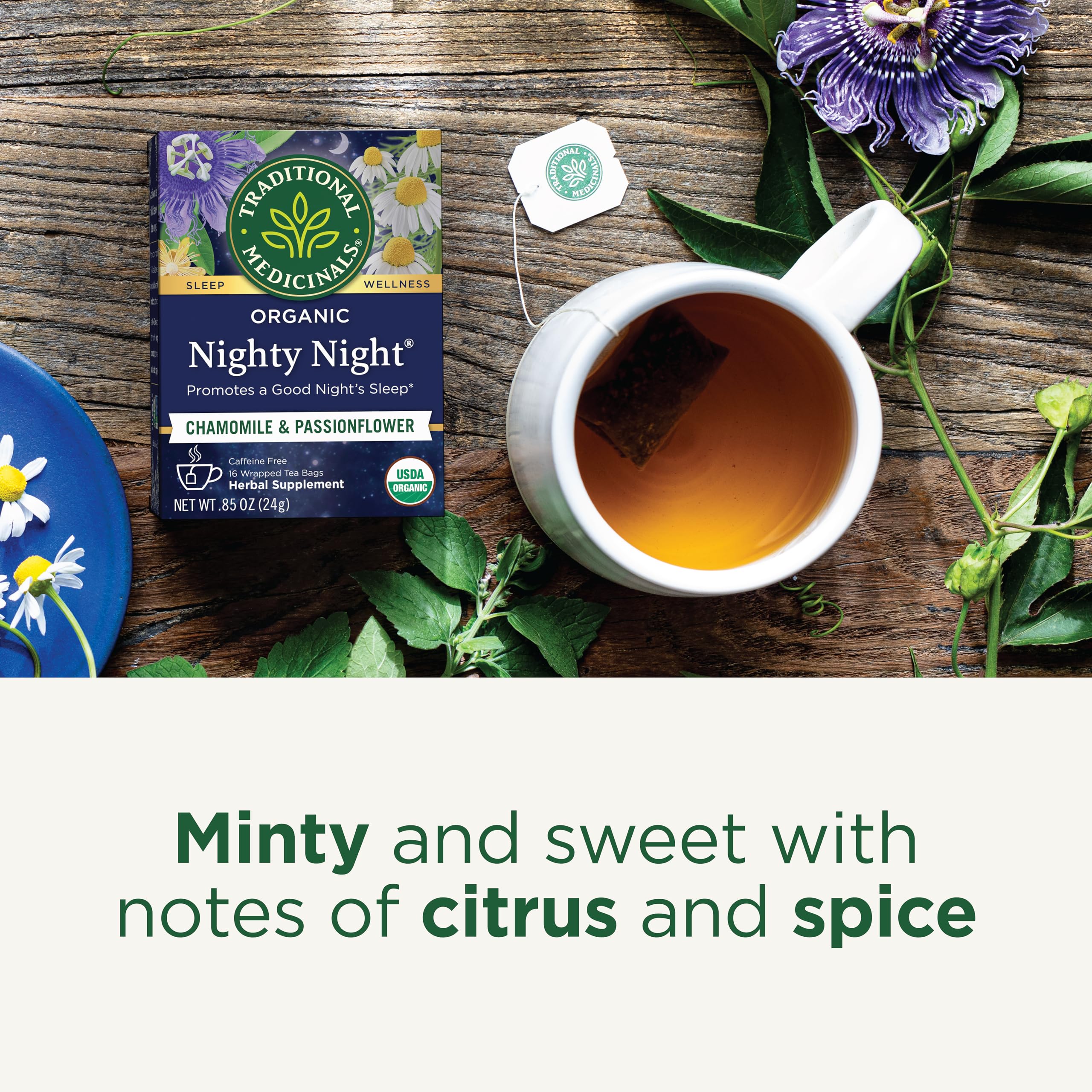 Traditional Medicinals Nighty Night Tea packaging box highlighting organic, kosher labeling.