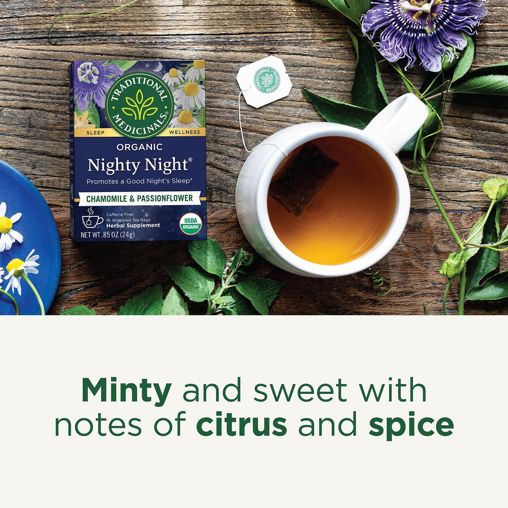 Traditional Medicinals Nighty Night teapot with brewed tea illustrating a soothing bedtime routine.