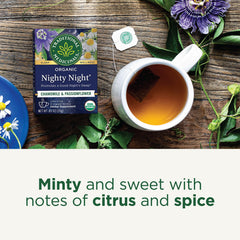 Traditional Medicinals Nighty Night teapot with brewed tea illustrating a soothing bedtime routine.
