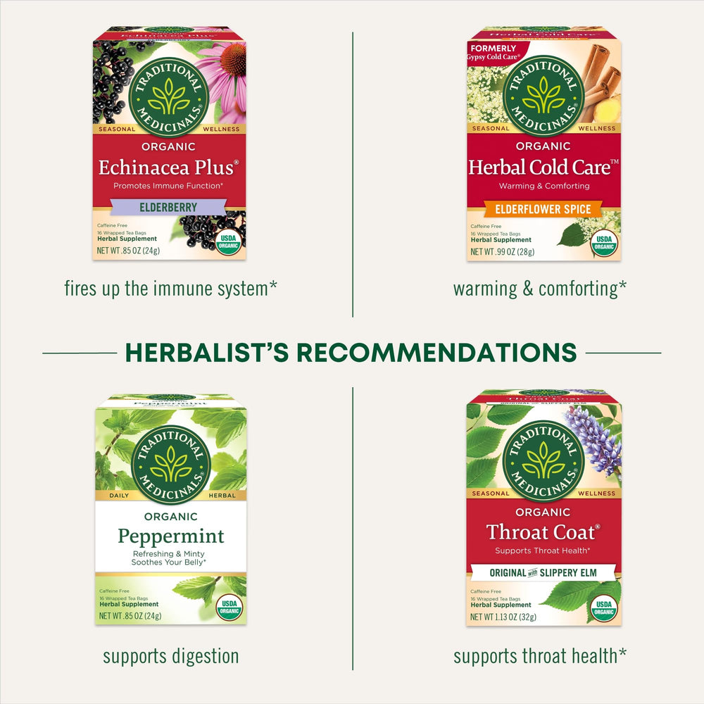 Traditional Medicinals Non-GMO and compostable tea bags packaging.