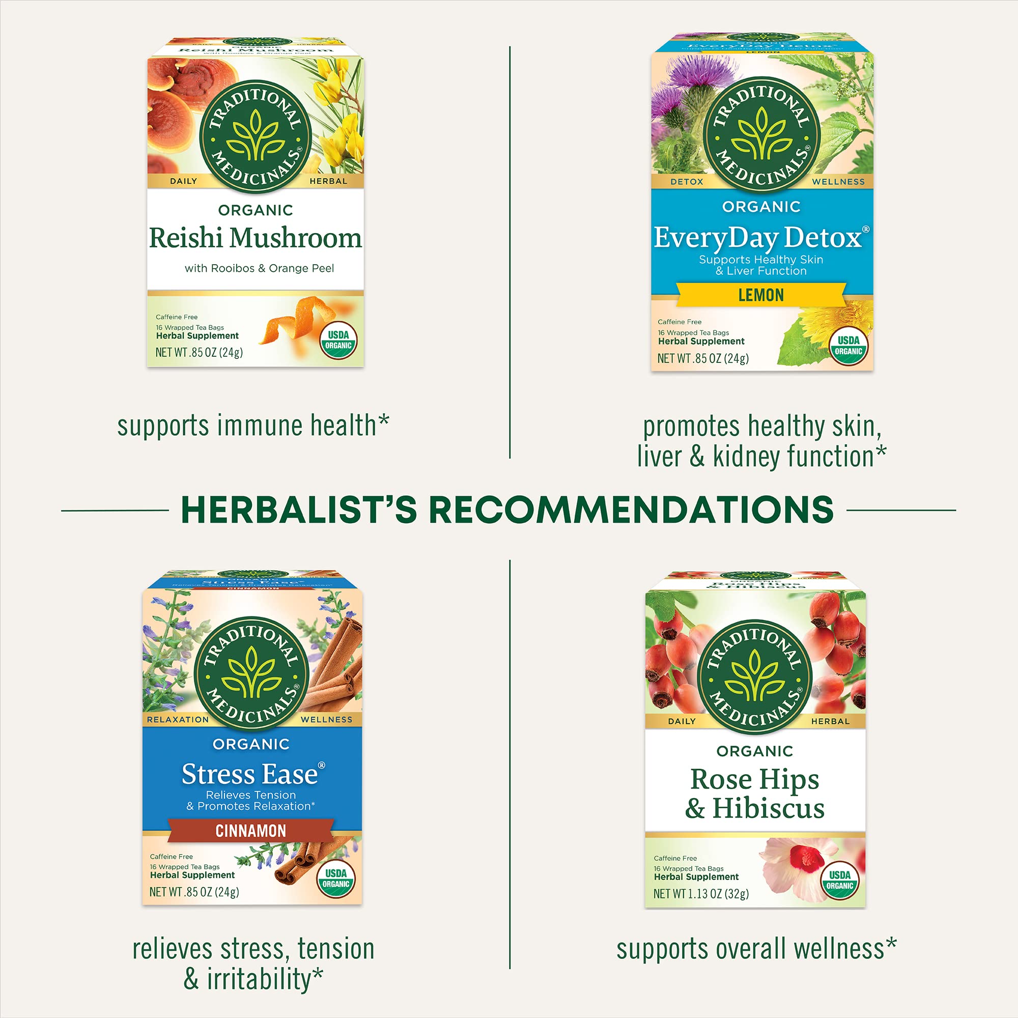 Traditional Medicinals organic certifications highlight USDA Organic and Non-GMO verification.