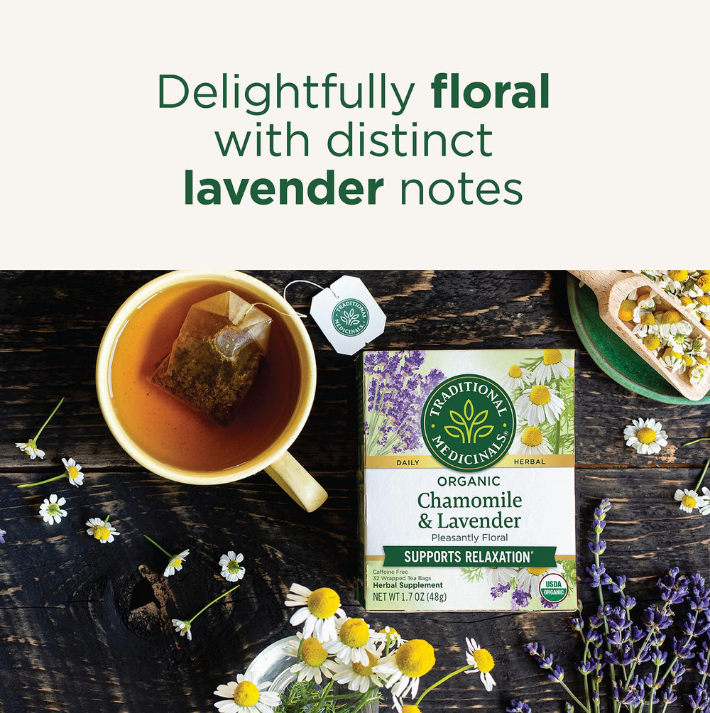 Traditional Medicinals organic chamomile lavender dried herbs showcasing soothing floral notes.