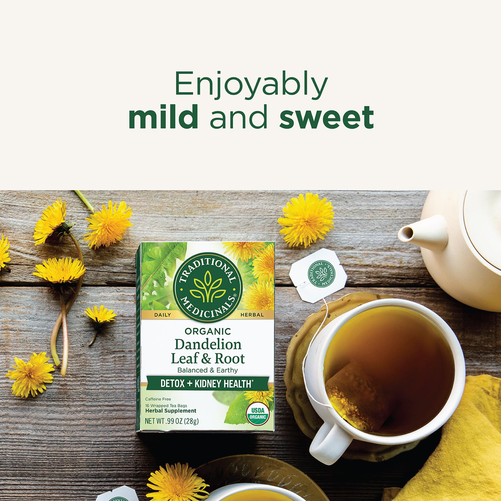 Traditional Medicinals organic dandelion root leaf tea label emphasizes compostable packaging