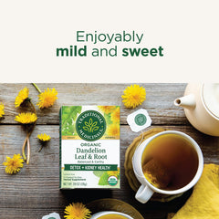Traditional Medicinals organic dandelion root leaf tea label emphasizes compostable packaging
