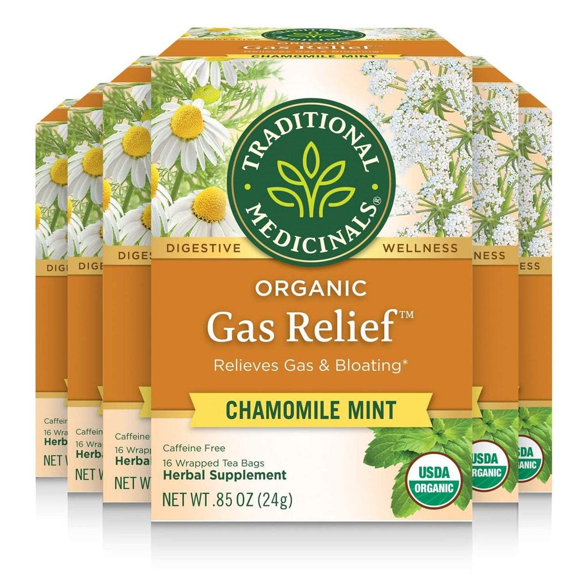 Traditional Medicinals Organic Gas Relief Tea pack on display offers caffeine-free digestion support